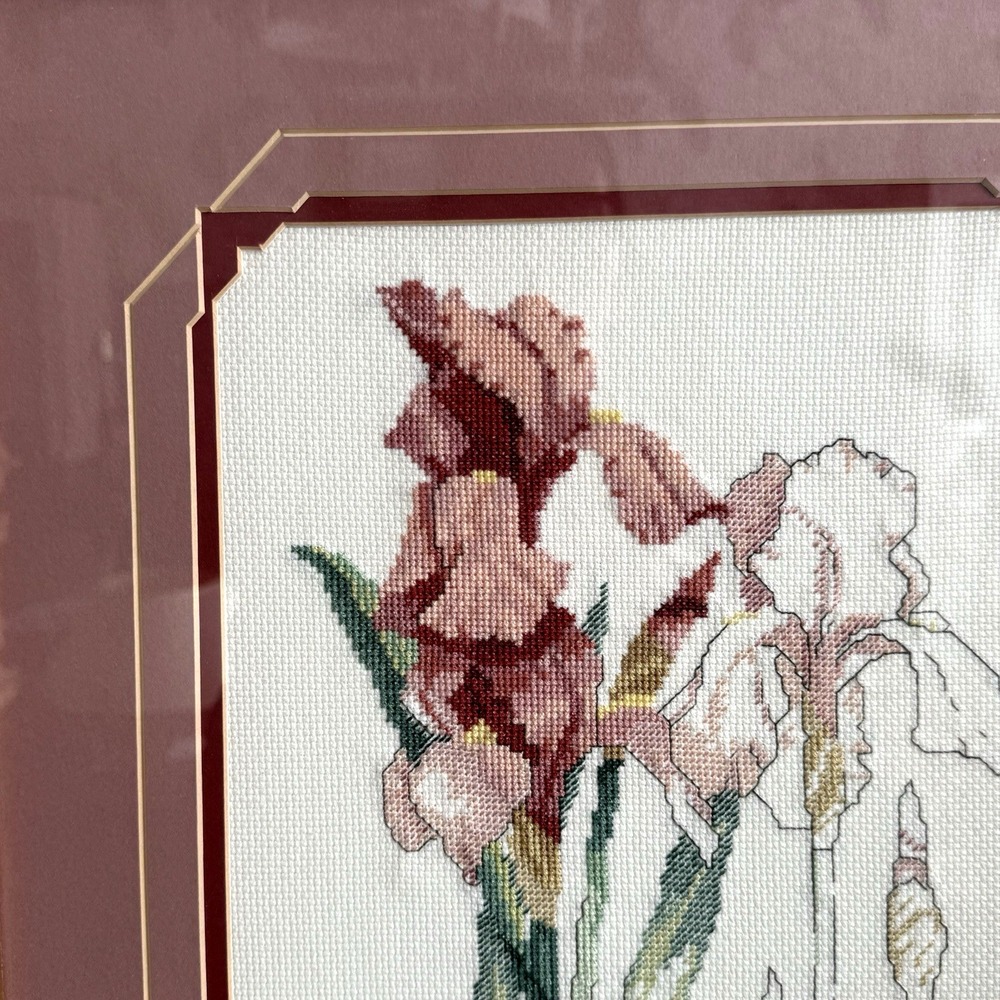 Framed Cross Stitch Iris II Beverly Sills Janet Powers Floral Needlework 17x15 - Picture 2 of 9